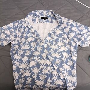 Men's Blue Palm-Print Short Sleeve Shirt